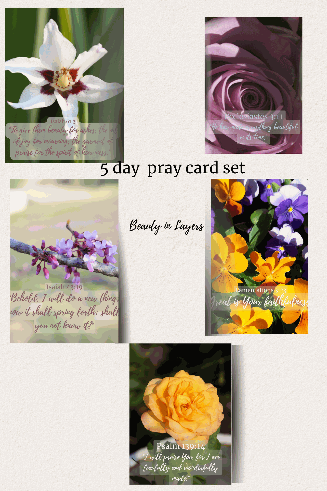 Printable 5-day scripture prayer card set with floral backgrounds from the Beauty in Layers collection for daily encouragement and gifting