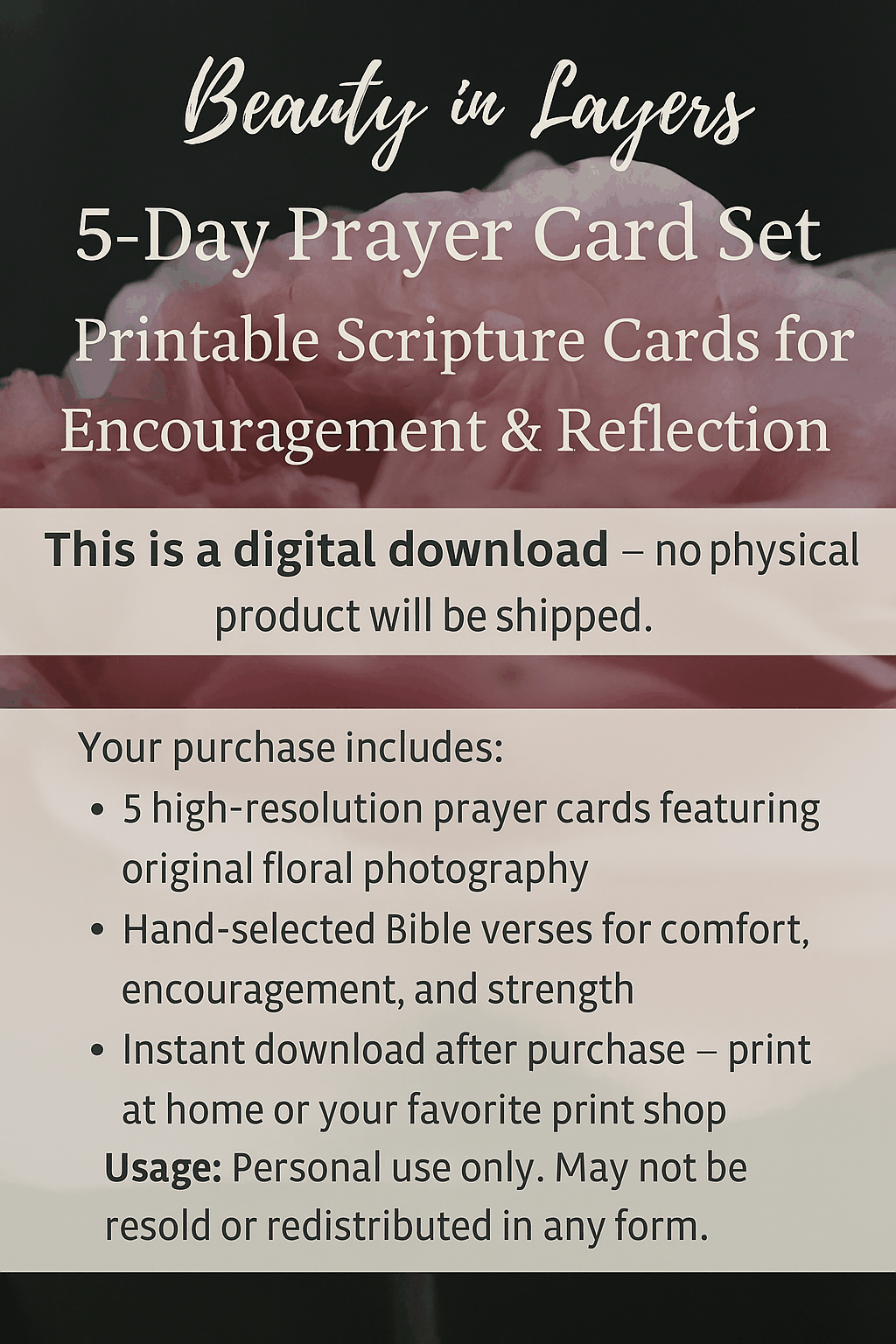 Printable 5-day prayer card set with floral scripture designs for encouragement and reflection, digital download to print your own prayer cards at home